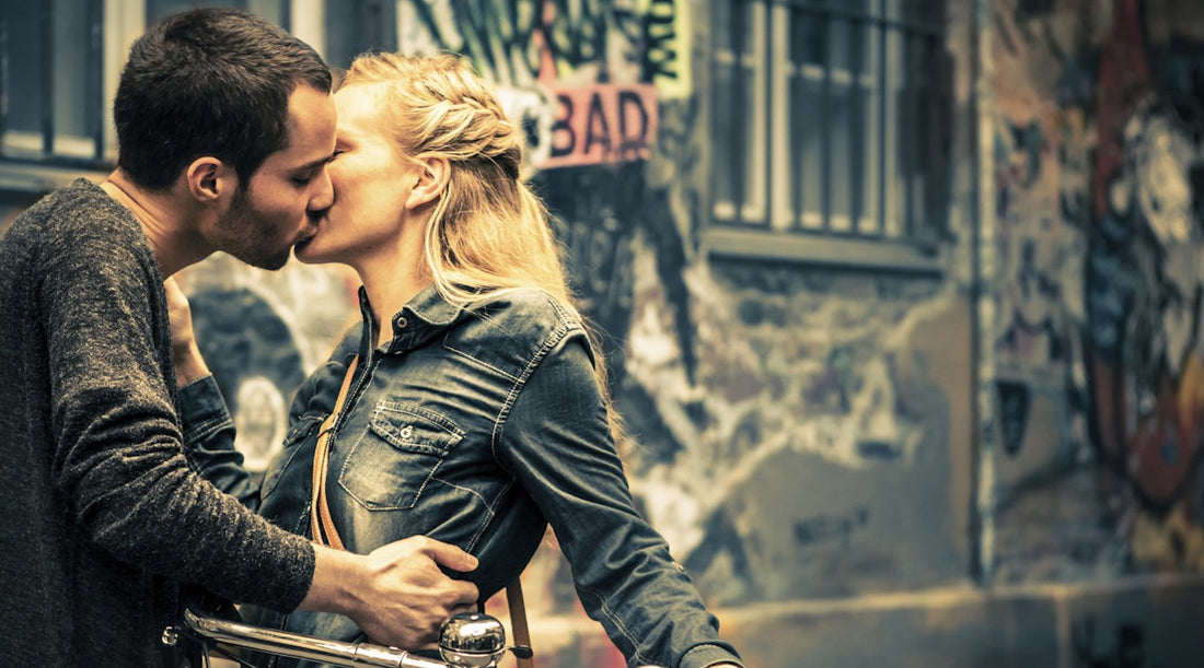 A captivated couple kissing 